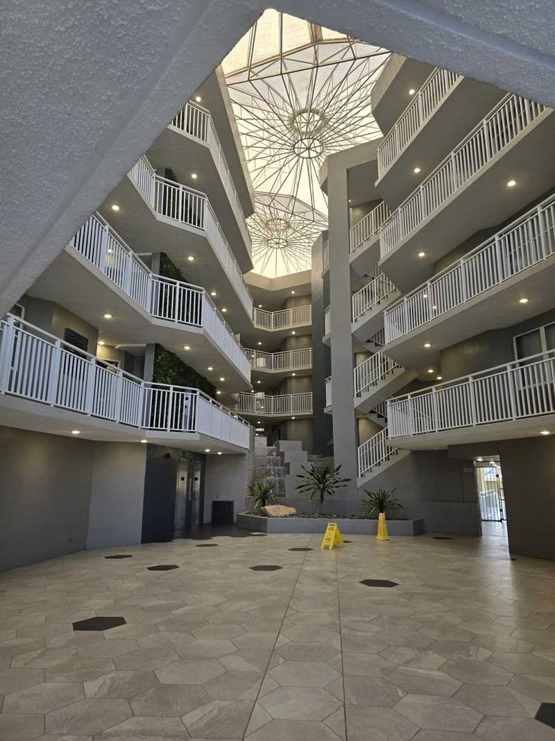 wide view of hotel balconies